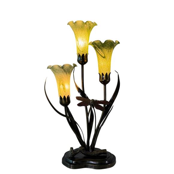 Vintage Dale Tiffany 3-Light Lily Lamp w/ Dragonfly - Picture 4 of 9